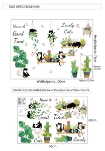 Guide des tailles pour stickers muraux chat noir et plantes nordiques avec mesures
