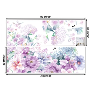 Détails des stickers muraux pivoines violettes comprenant deux planches de 30x90cm