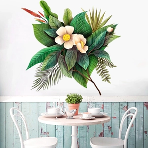 Tropical wall sticker with white frangipani and green palm leaves for home decoration