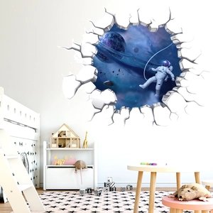 Detailed 3D broken wall mural showing an astronaut and space scene for a kid room decoration