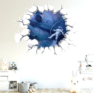 Macro view of 3D astronaut wall sticker with outer space star theme in a child's bedroom