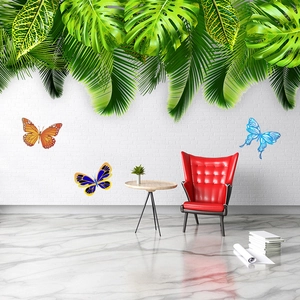 Detail of realistic monstera and palm leaf wall stickers with colorful butterflies