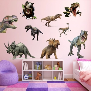 Realistic dinosaur wall stickers set featuring T-Rex and Triceratops in a kids room