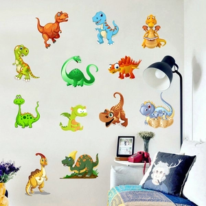 Cartoon dinosaur wall stickers set showing T-Rex and Triceratops for kids room decor