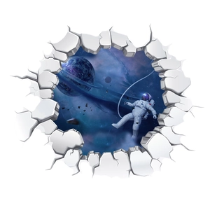 3D realistic cracked wall decal featuring an astronaut exploring the blue space and planets