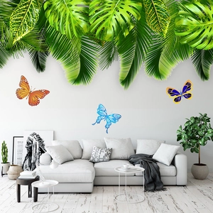 Tropical green leaves and colorful butterflies wall decals for home living room decor
