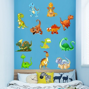 Detailed view of colorful cartoon dinosaur wall stickers in a cozy kids bedroom setting