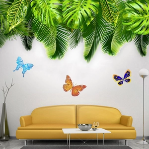 Tropical green leaves and colorful butterfly wall stickers for living room home decor