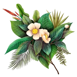 Nordic tropical green leaf wall sticker with cream flowers and hand-painted texture