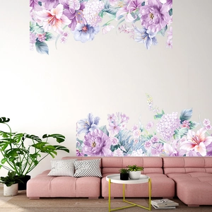 Watercolour purple lily and peony flower wall decals in a modern living room setting