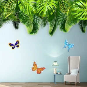 Detail of green tropical leaves and colorful butterflies self-adhesive wall stickers