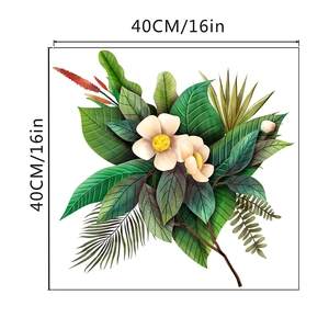Detail showing Nordic green leaves and white flowers wall sticker 40cm x 40cm dimensions