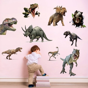 Detailed realistic dinosaur wall stickers showing T-Rex and Triceratops in a kids room