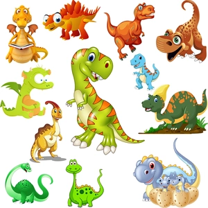 Colorful cartoon dinosaur wall stickers including T-Rex and Stegosaurus for kids' room
