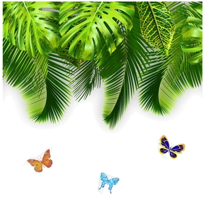 Detail of tropical leaf wall decals with realistic palm leaves and colorful butterflies