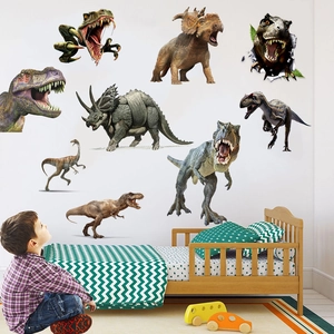 Realistic dinosaur wall stickers set for kids bedroom decor featuring T-Rex and Triceratops