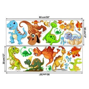 Detailed view of colorful cartoon dinosaur wall stickers including T-Rex and Stegosaurus
