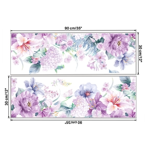 Detailed dimensions of floral wall stickers showing two 90x30cm purple flower sheets