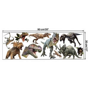 Detailed 90x30 cm layout of realistic dinosaur wall stickers featuring T-Rex and Triceratops