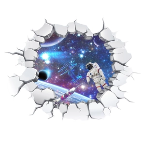 3D outer space wall decal with astronaut and broken wall effect for kids room decor