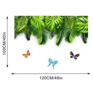 Detail of tropical monstera leaves and colorful butterflies wall decal, 120x100cm size