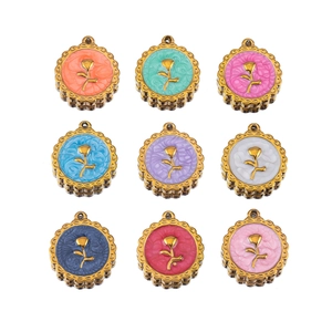 Detailed set of nine vintage rose flower pendants in diverse enamel colors with gold frames