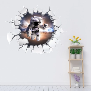 3D wall sticker featuring an astronaut flying through a cracked wall into a starry sky