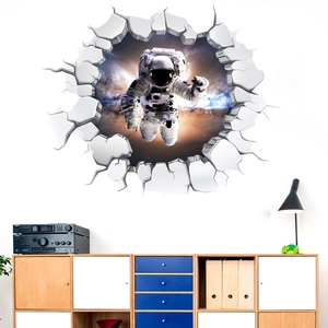 Detailed 3D wall sticker showing astronaut deep space scene with realistic broken wall effect