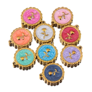 Stainless Steel Rose Flower Pendants DIY Jewelry Accessories Round Scalloped Edge Enamel Floral Charms For Necklace Making Women Vintage Material