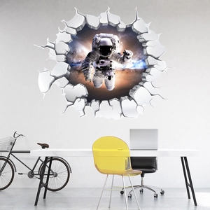 3D astronaut wall decal with broken wall effect and galaxy background for kids room
