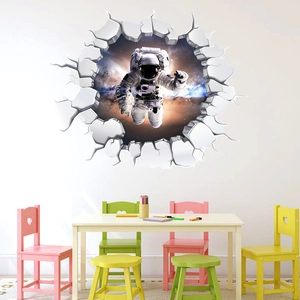 Detailed 3D wall sticker featuring an astronaut in deep space seen through a cracked wall effect
