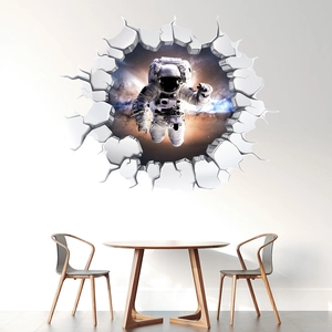 3D wall sticker detail showing an astronaut floating through a realistic cracked wall effect