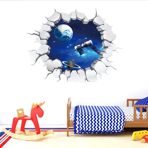 3D outer space broken wall sticker with Earth and planets for kids room decoration