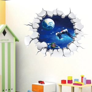 Detailed 3D outer space wall sticker with Earth and Saturn breaking through a child's wall