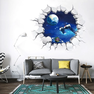 3D outer space wall decal with realistic broken wall effect and cosmic planets for home decor