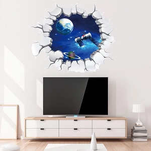 3D outer space wall decal with planets and satellite showing realistic broken wall effect