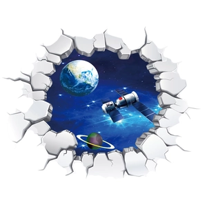 3D space wall decal showing outer space earth and space station through a broken wall