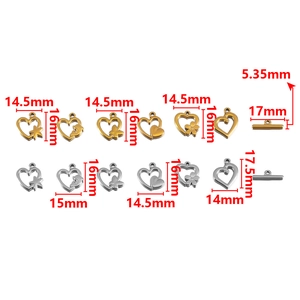 Assorted gold and silver heart-shaped toggle clasps with dimensions for DIY jewelry making