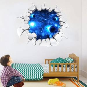 3D space galaxy wall sticker with broken wall effect for kids bedroom decor
