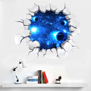 Detail showing 3D cracked wall effect wall sticker with galaxy and planet space patterns
