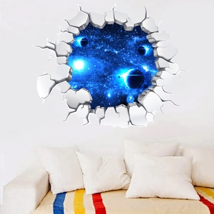 Detailed 3D cosmic wall decal showing deep space planets through a broken wall effect