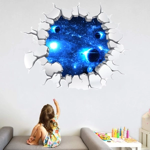 Detail of 3D galaxy wall sticker showing realistic cracked wall effect in a kid's bedroom