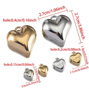3D heart charms in gold and silver finish with size dimensions and Love engraving