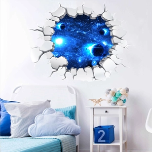 Detailed 3D outer space broken wall decal featuring galaxy and planets in a kids bedroom
