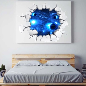 Macro detail of 3D cracked wall decal featuring outer space and galaxy planets