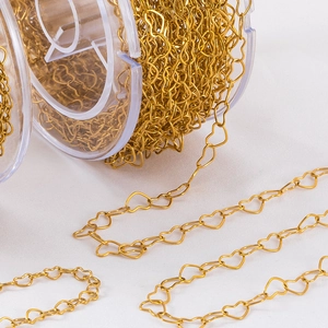 Roll of gold stainless steel heart chain for DIY jewelry making and clothing decor