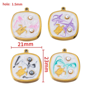 Square stainless steel turtle pendant set with pearls and enamel in four colors