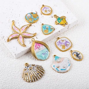 Ocean Series Stainless Steel Pendants Artificial Pearl Enamel Starfish Turtle Shell Charms DIY Jewelry Making Accessories