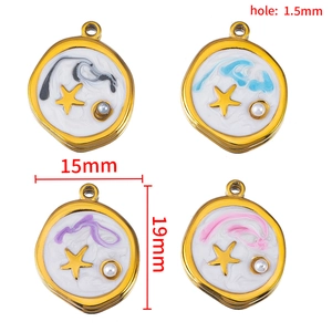 Irregular round gold-edged enamel star pendants with pearls in four assorted colors