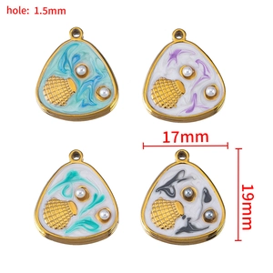 Triangle stainless steel pendant with gold shell, pearls and colorful enamel inlay